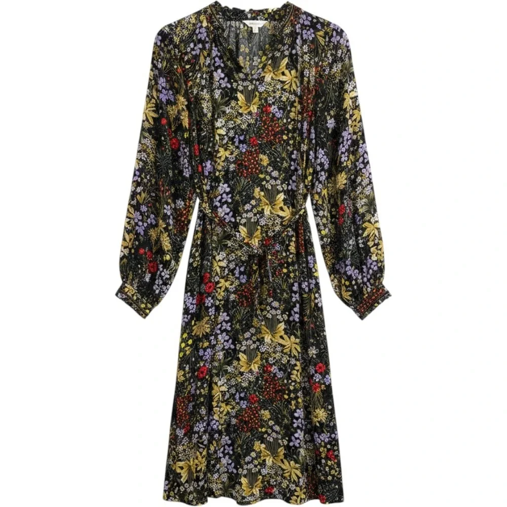 Per Una Navy Wild Garden Floral Shirt Dress Velvet Trim Belted Long Sleeve 10 - Picture 1 of 13